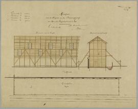 Cox, tekening: Een hangar voor de wagens van de ommegang van 1890 in de Begijnhofstraat te Lier (1/100)