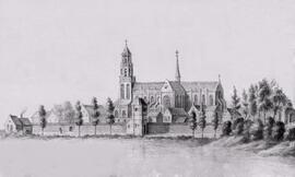 Tekening: Gezicht op de St.-Gummaruskerk en omgeving gezien vanaf de "Mol" + interieur van een woning (Hof van Geertruien?)