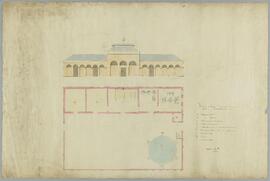 Tekening: Voorgevel en plattegrond van de gasfabriek (1/100)
