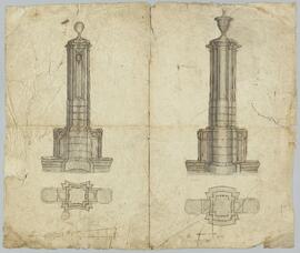 Cornelius Van Everbroeck, tekening: Voor- en bovenaanzicht van 2 stadspompen