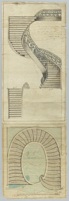 Guilelmus Josephus Van Everbroeck: Voor- en bovenaanzicht van de draaitrap in het stadhuis